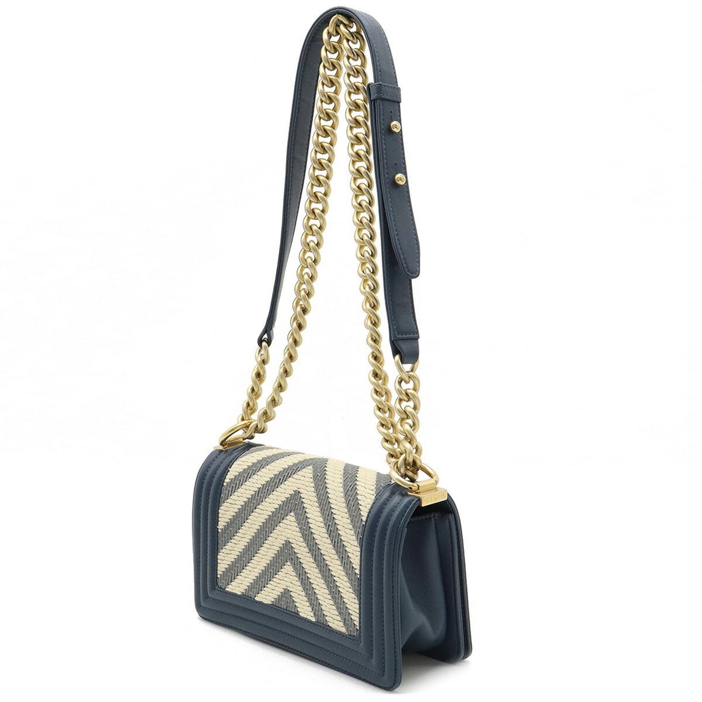 Luxury Chanel Boy V Stitch Chain Bag Shoulder Clutch Fabric Leather Navy Natural