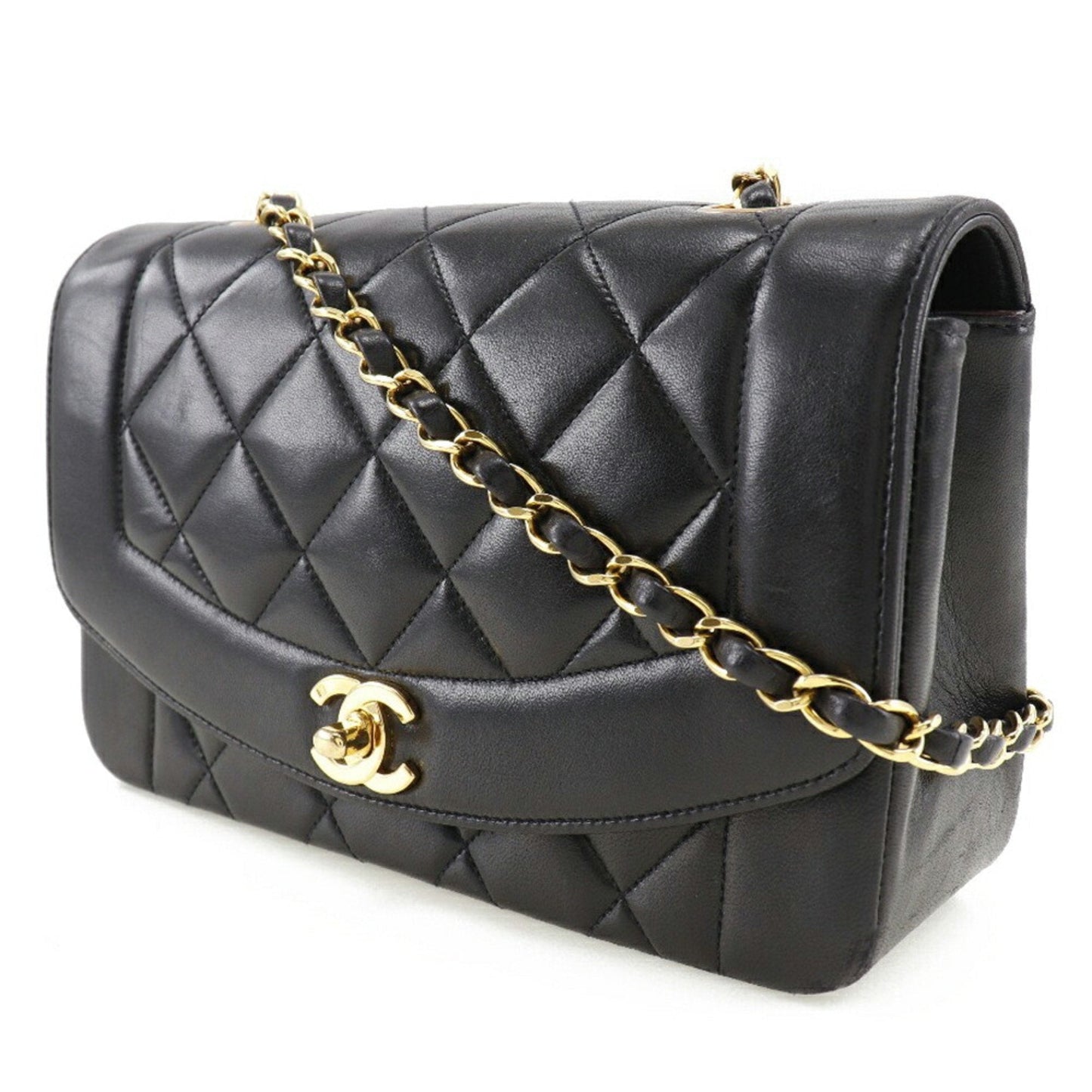 Luxury Chanel Chain Shoulder Bag Coco Mark Diana Matelasse Lambskin Black Ladies