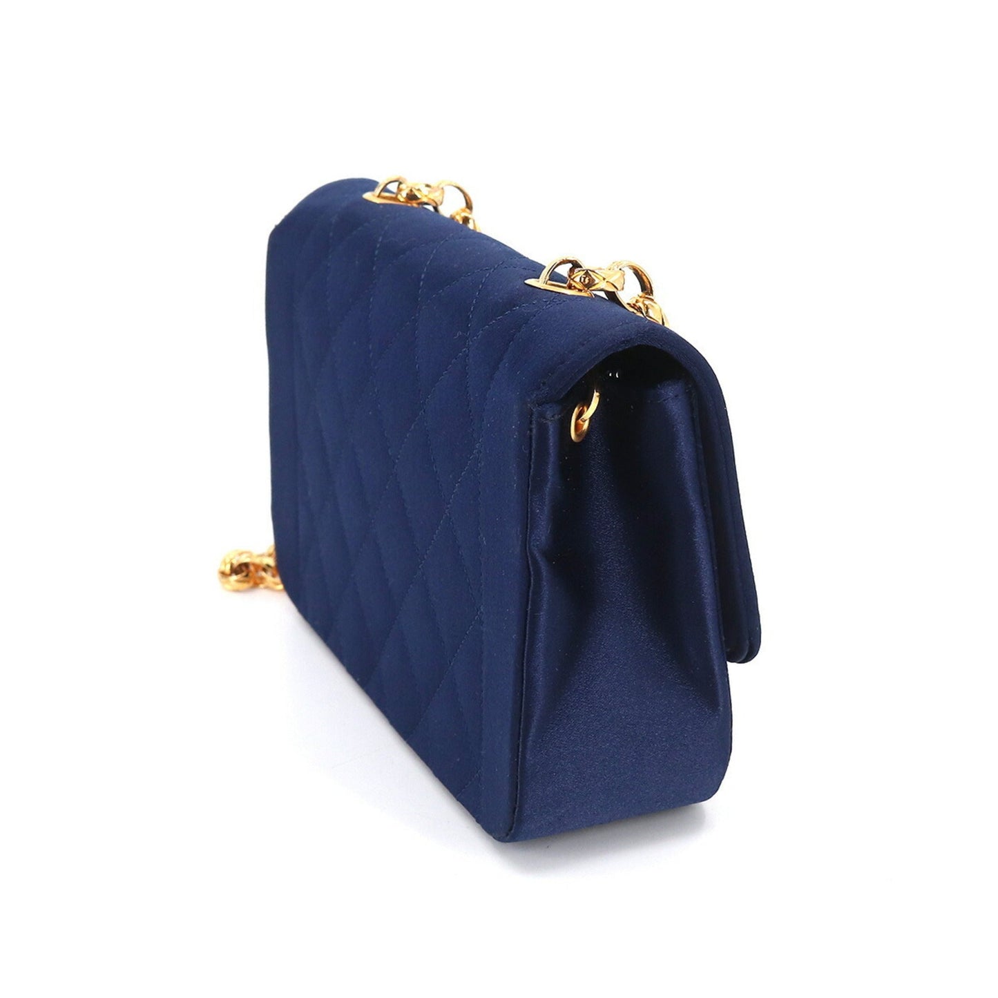Luxury Chanel Matelasse Bijou Chain Shoulder Bag Satin Navy Gold Hardware Vintage