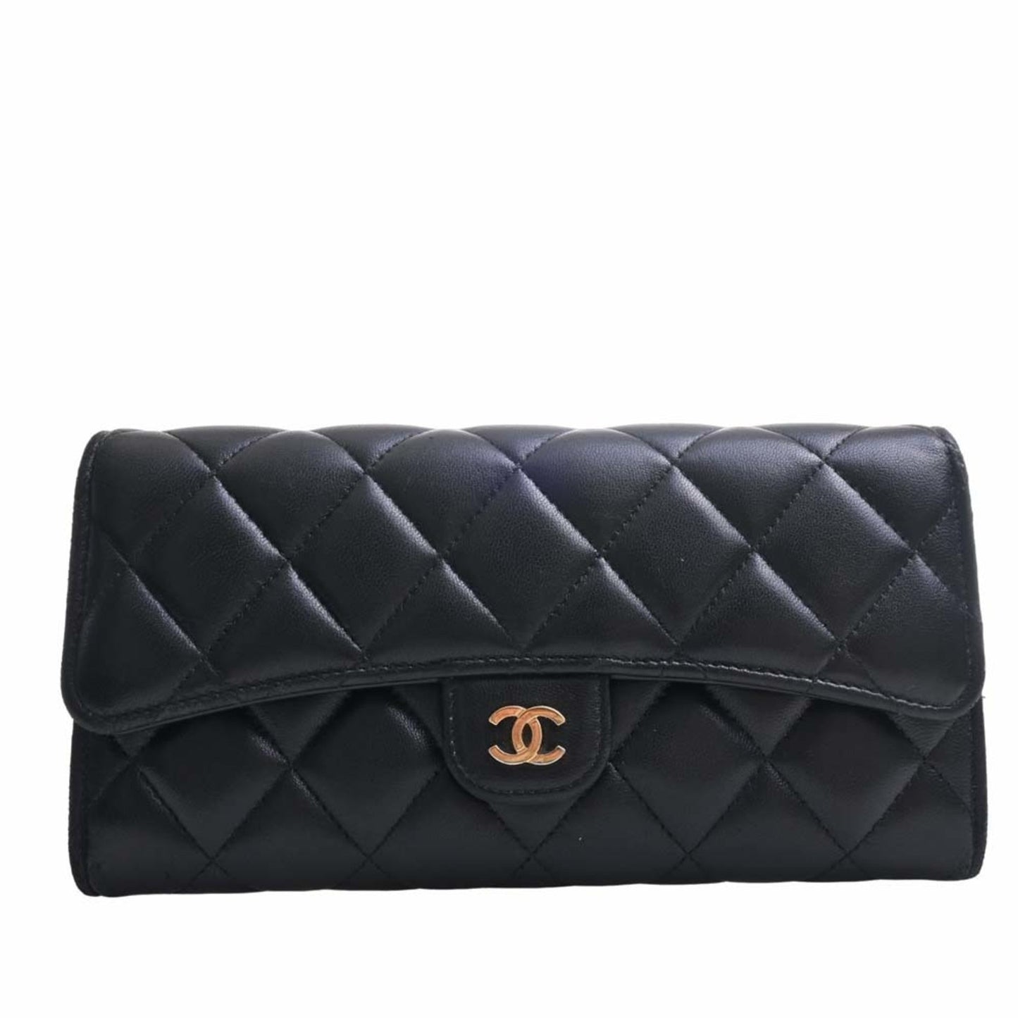 Luxury Chanel Lambskin Matelasse Coco Mark Bifold Long Wallet Black Ladies