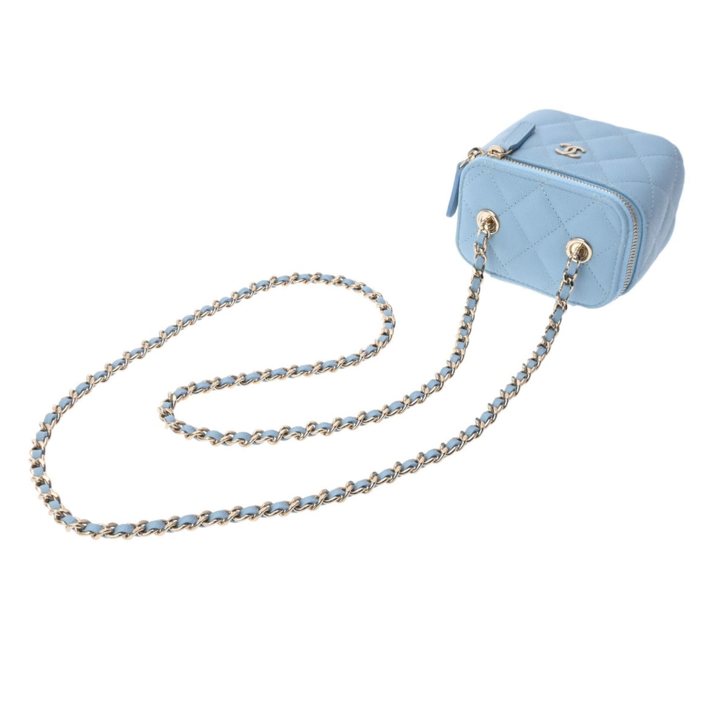 Luxury Chanel Small Vanity Chain Shoulder Blue Champagne AP1340 Women's Caviar Skin Bag