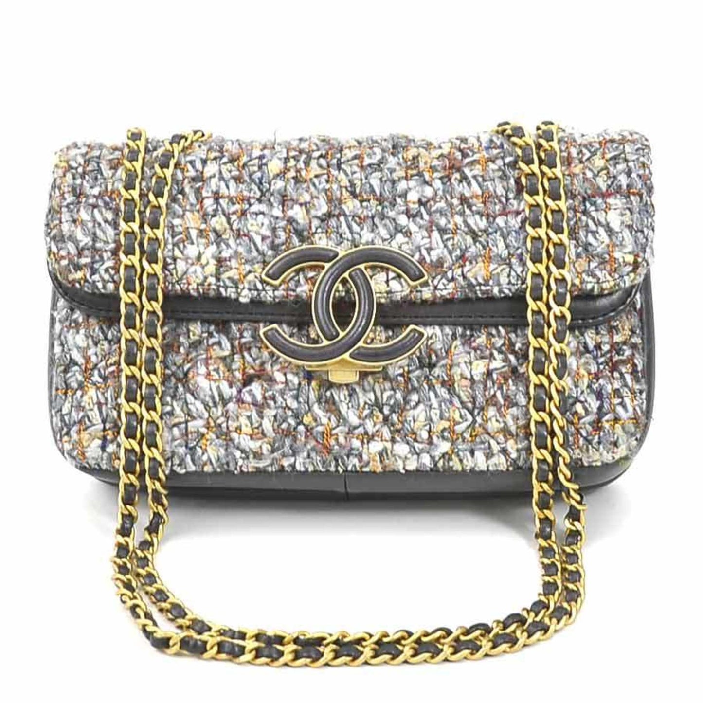 Luxury Chanel Shoulder Bag Coco Mark Tweed/Leather Gray/Blue/Multicolor Gold Ladies