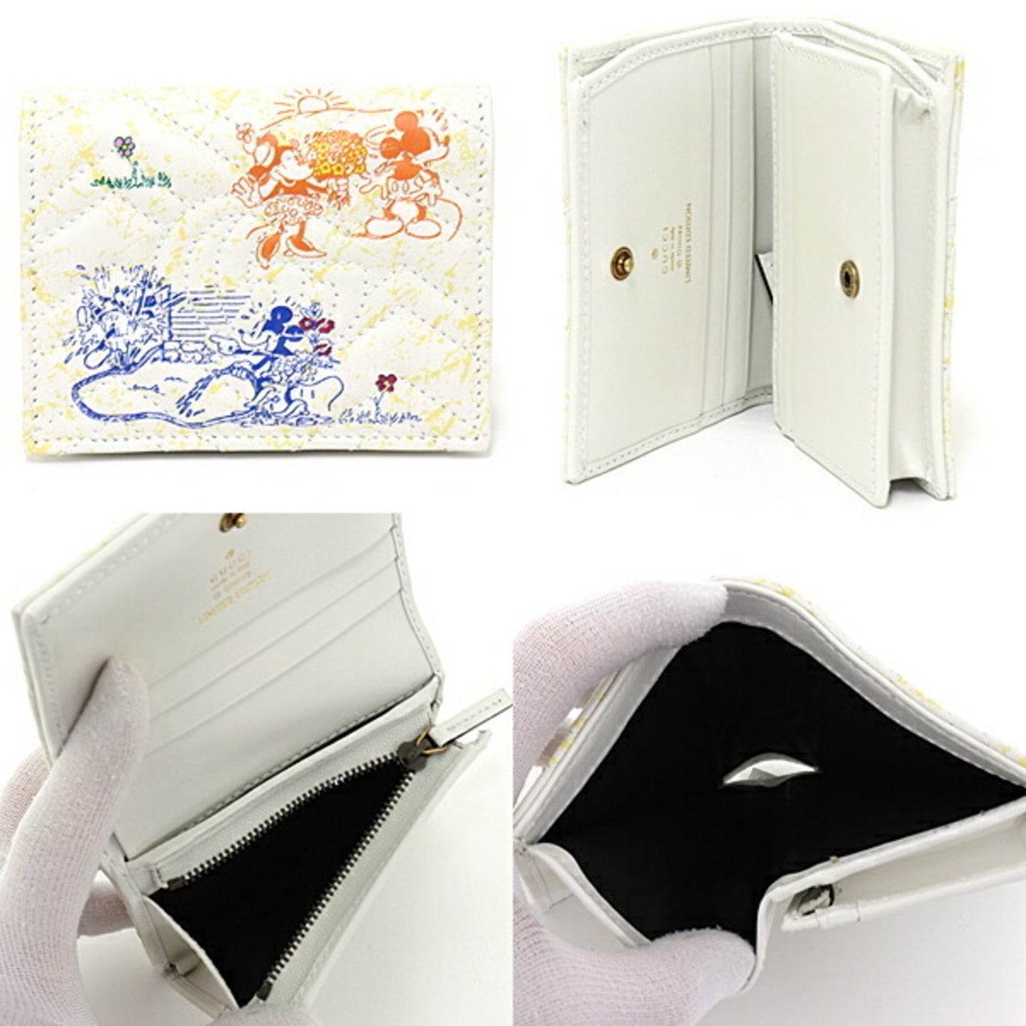 Luxury Gucci x Disney  GG Marmont Card Case Wallet Bifold Compact Double G Mickey Minnie Leather 616768 White Multicolor Gold Hardware