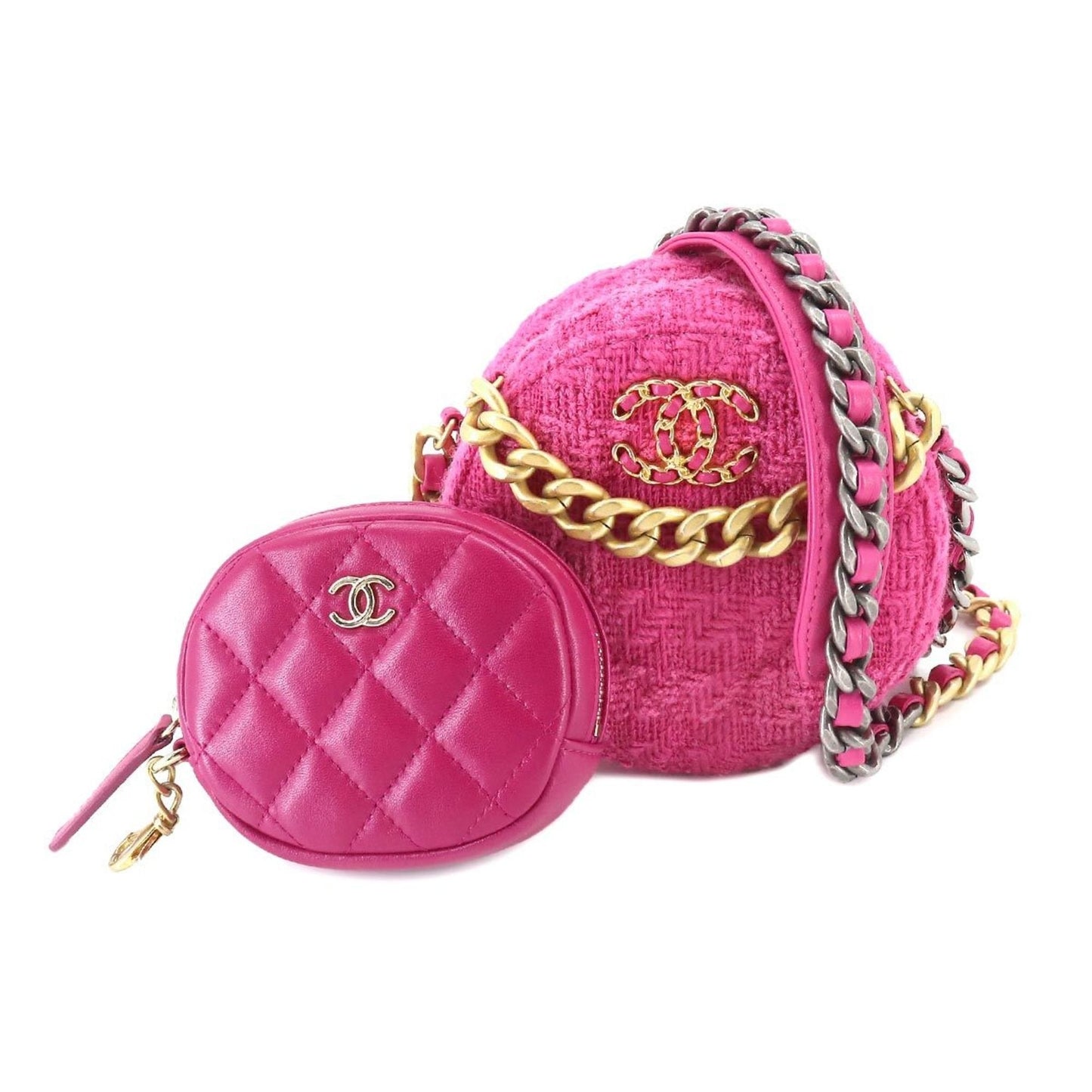 Luxury Chanel 19 Bag with  round chain shoulder bag tweed leather pink pouch