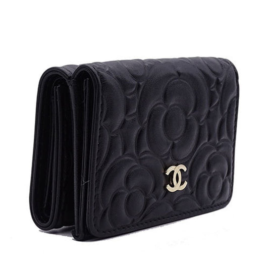 Luxury Chanel Wallet Women's Trifold Leather Camellia Black