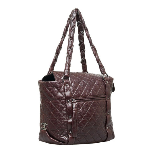 Luxury Chanel Cocomark Luxury Line Chain Shoulder Bag Tote Brown Silver Leather Ladies