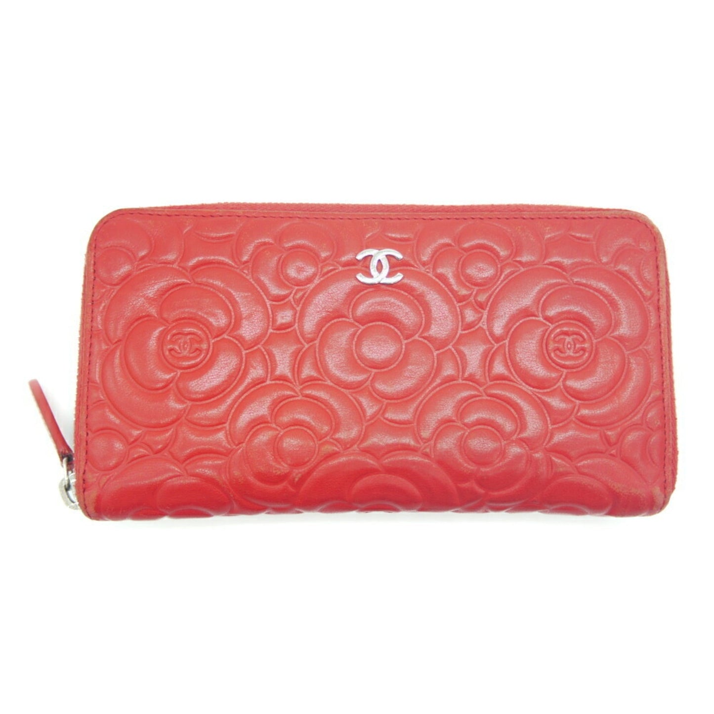 Luxury Chanel camellia embossed round long wallet lambskin red A82281