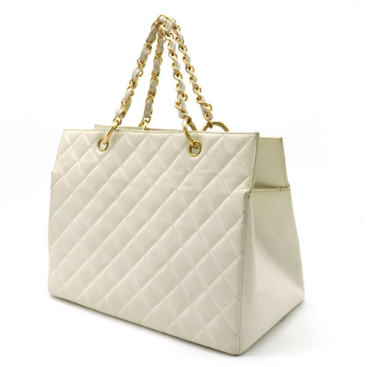 Luxury Chanel Matelasse Coco Mark Chain Bag Tote Handbag Caviar Skin Leather White