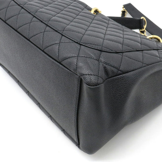 Luxury Chanel Matelasse Coco Mark Chain Tote Bag Shoulder Caviar Skin Leather Black A50995