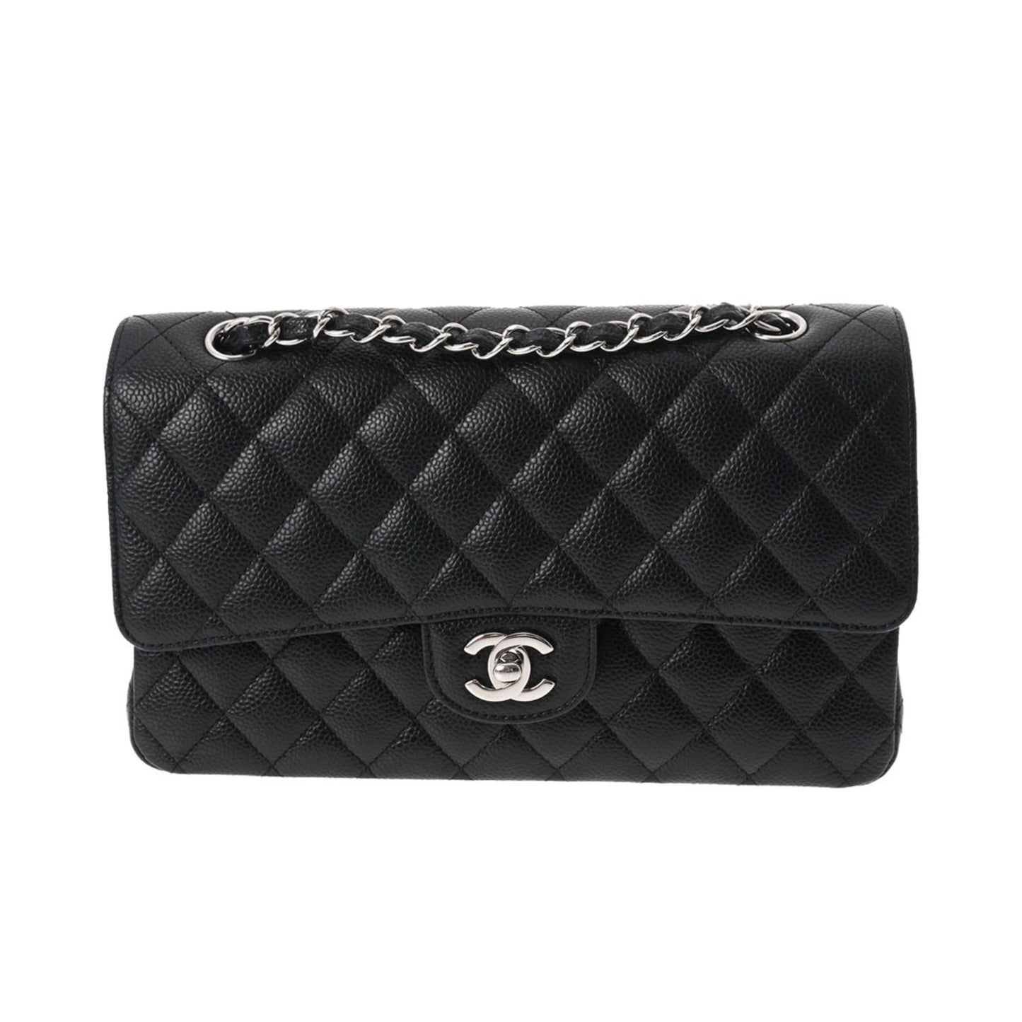 CHANEL Matelasse Chain Shoulder 25cm W Flap Black Ladies Caviar Skin Bag