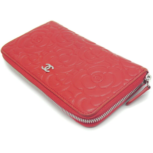 Luxury Chanel camellia embossed round long wallet lambskin red A82281