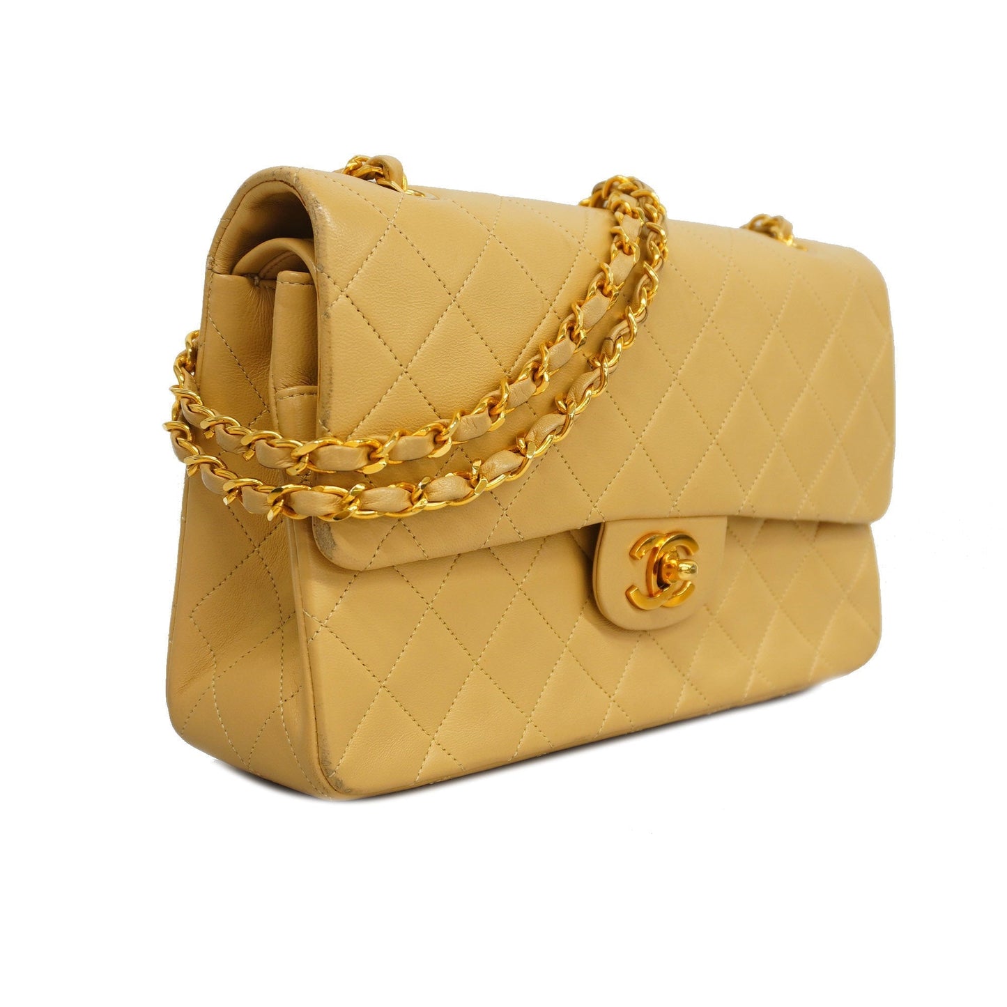 CHANEL  Matelasse W Flap W Chain Women's Leather Shoulder Bag Beige