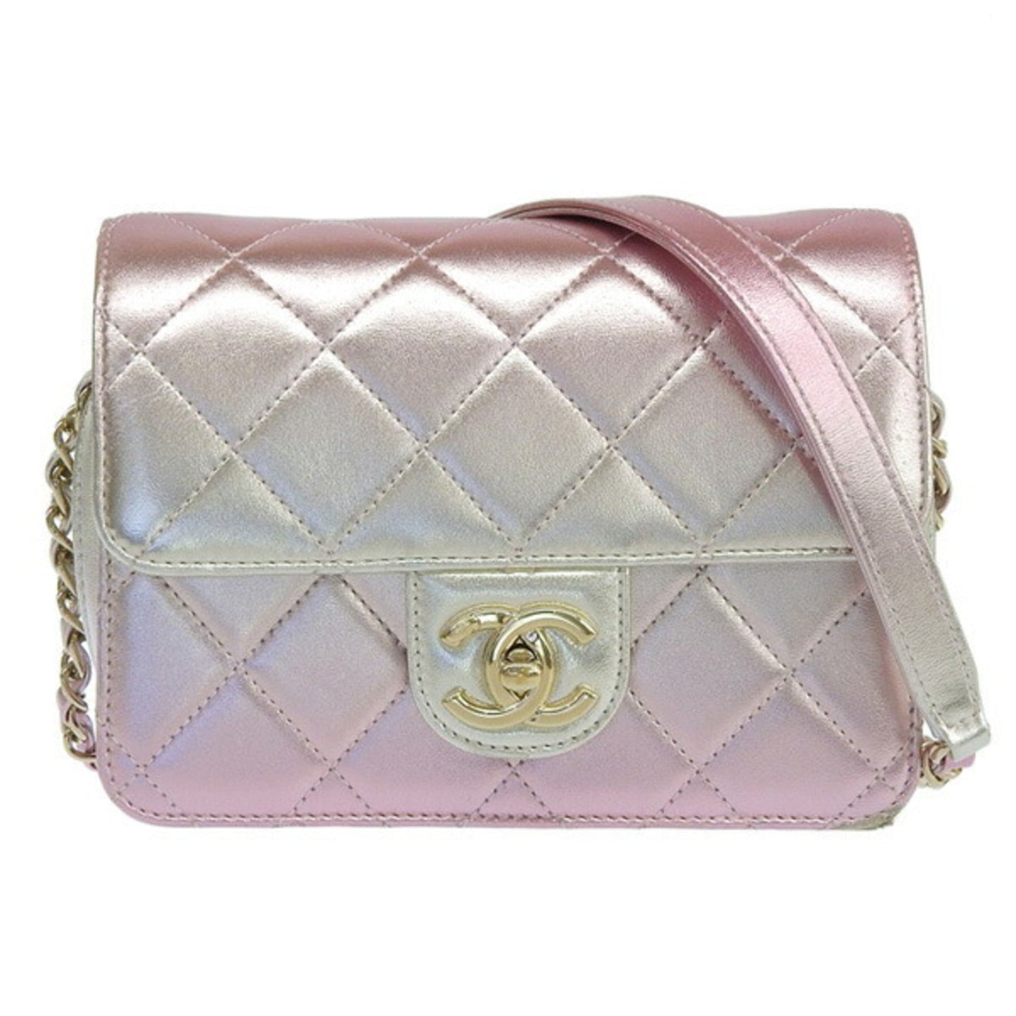 Luxury Chanel Leather Matelasse Coco Mark Chain Shoulder Bag Metallic Pink Ladies