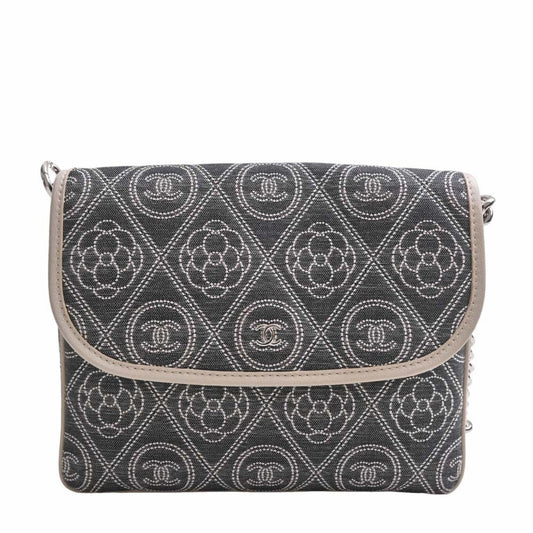 Luxury Chanel Canvas Camellia Coco Mark Chain Shoulder Bag Gray Ladies
