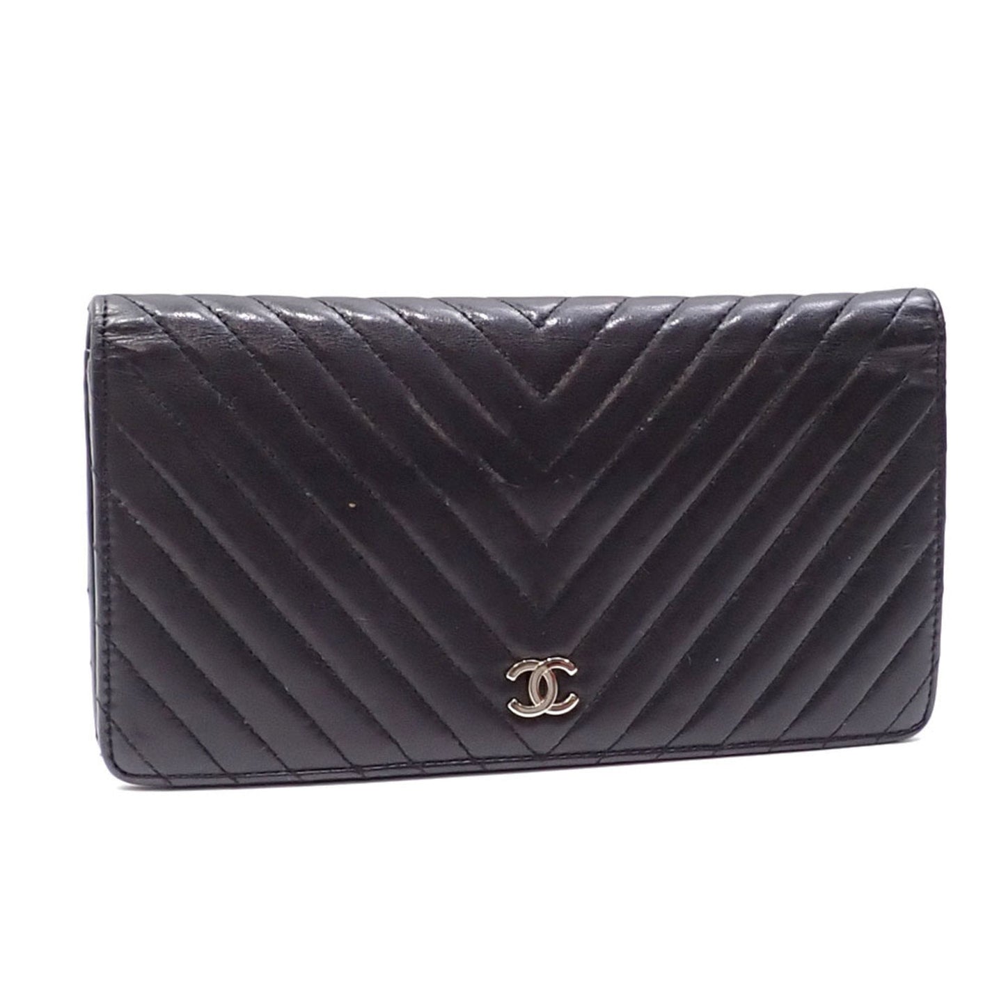 Luxury Chanel Bifold Long Wallet V Stitch Women's Black Lambskin A31509 Coco Mark Leather