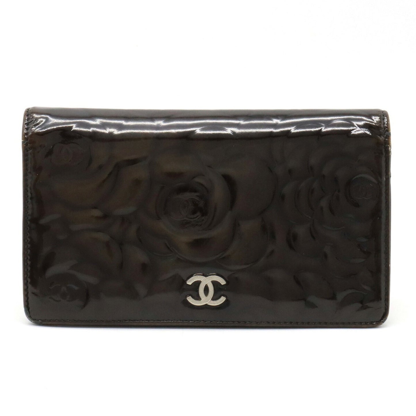 Luxury Chanel Camellia Motif Here Mark Bifold Patent Leather Enamel Black A36544