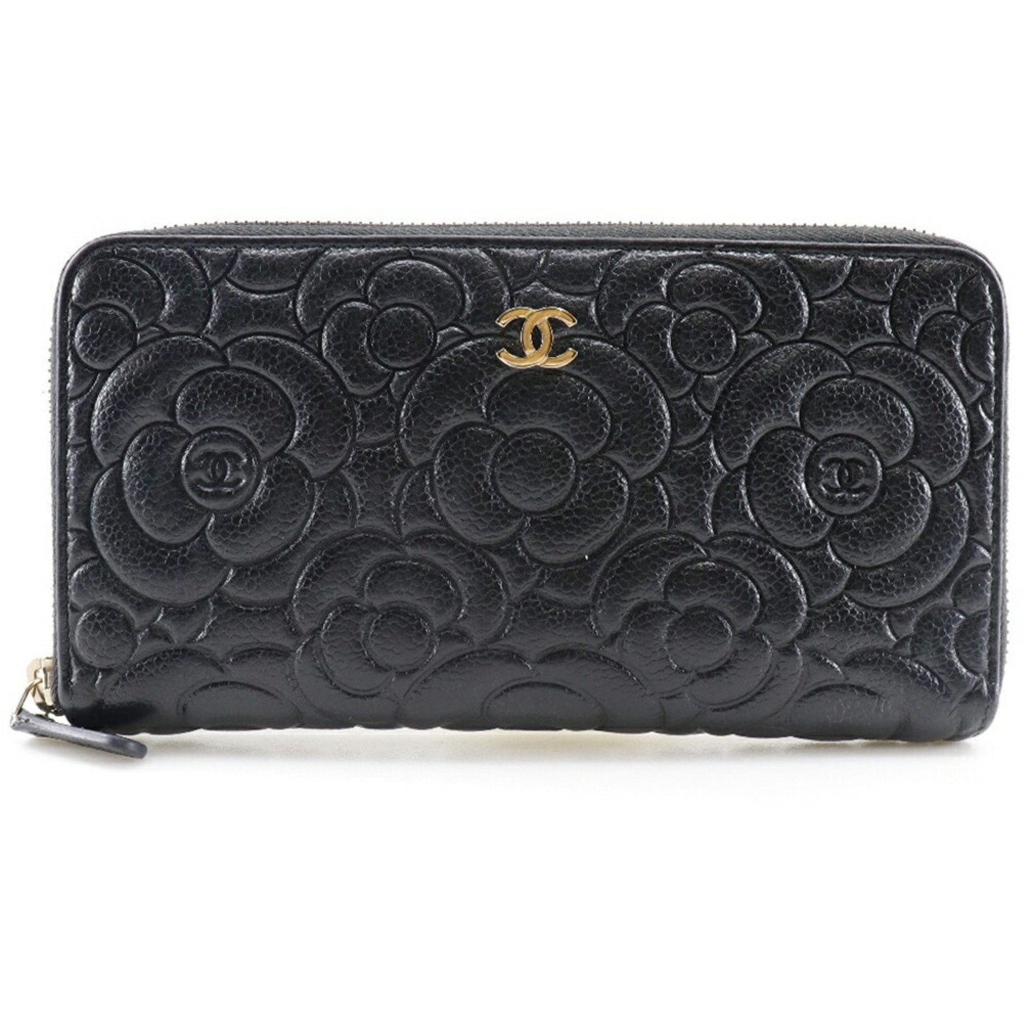 Luxury Chanel Camellia Emboss Cocomark A82281 Matte Caviar Skin Black Women's Long Wallet