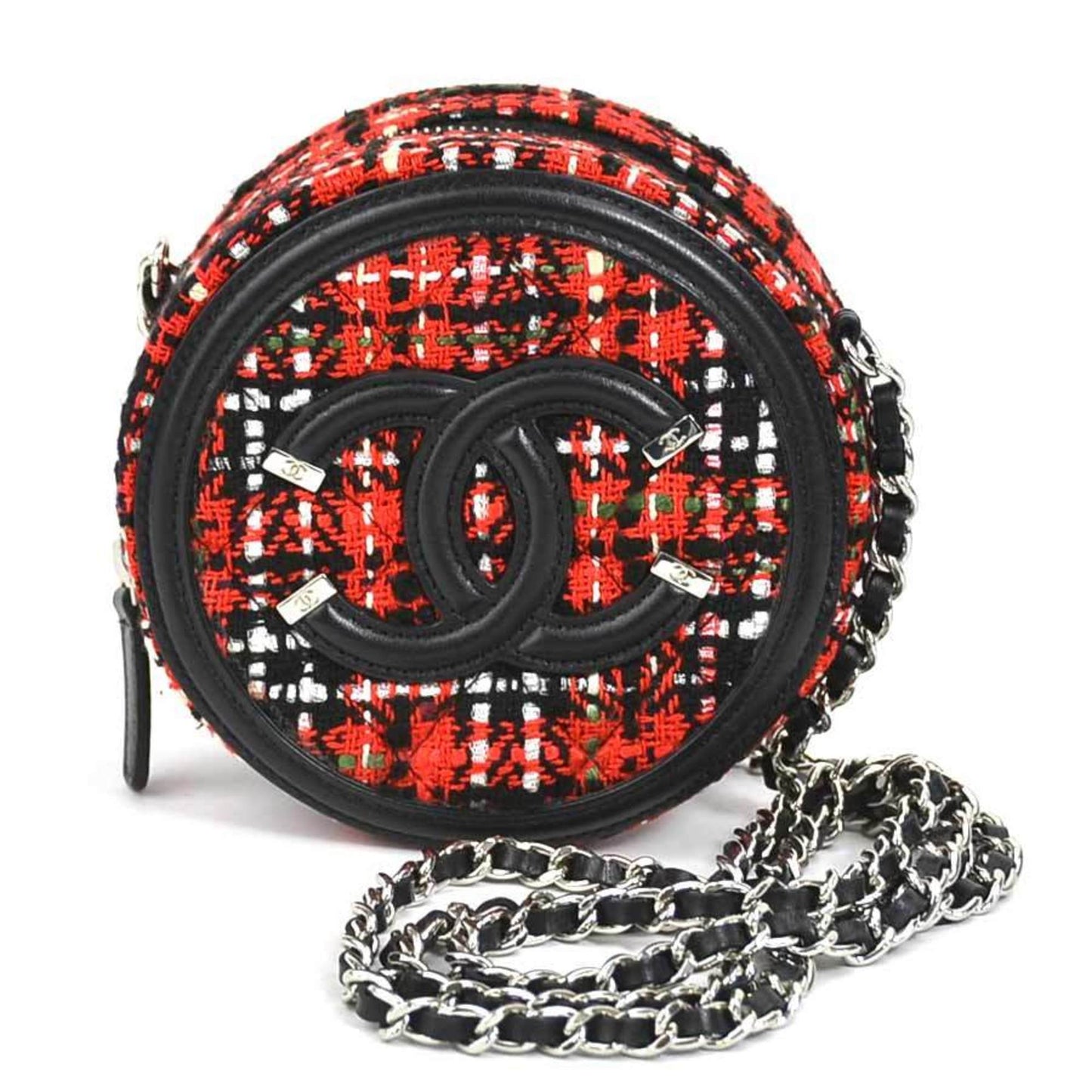 Luxury Chanel Crossbody Shoulder Bag Coco Mark Tweed/Leather/Metal Red/Black/Silver Women's