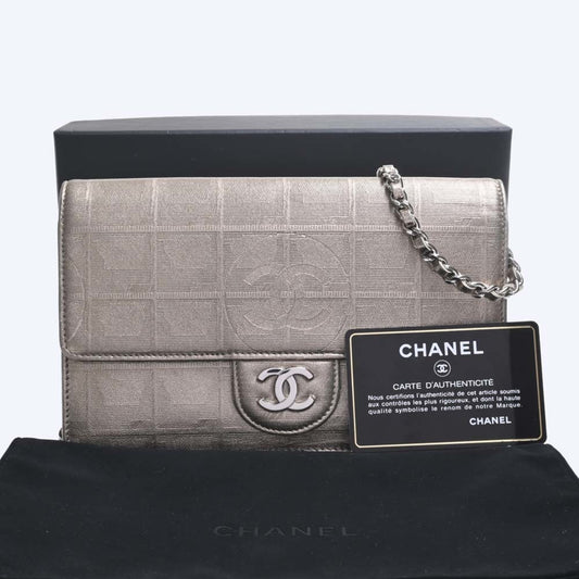 Luxury Chanel Nylon New Line Chain Shoulder Long Wallet Gold Women's