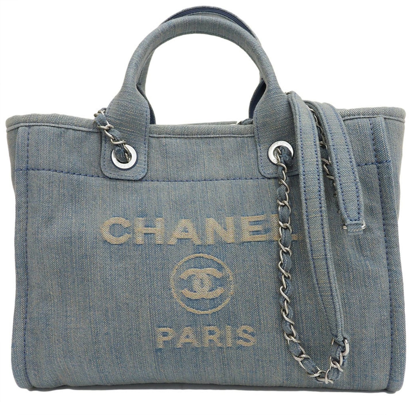 Luxury Chanel Denim Shopping Bag Tote Light Blue Deauville Women's