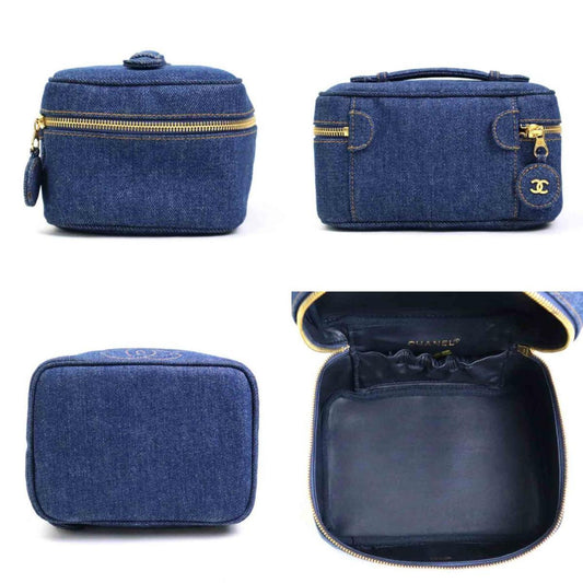 Luxury Chanel Handbag Vanity Bag Coco Mark Denim Blue Gold Women's