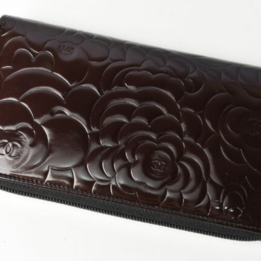 Luxury Chanel long wallet round camellia A50085 dark brown silver