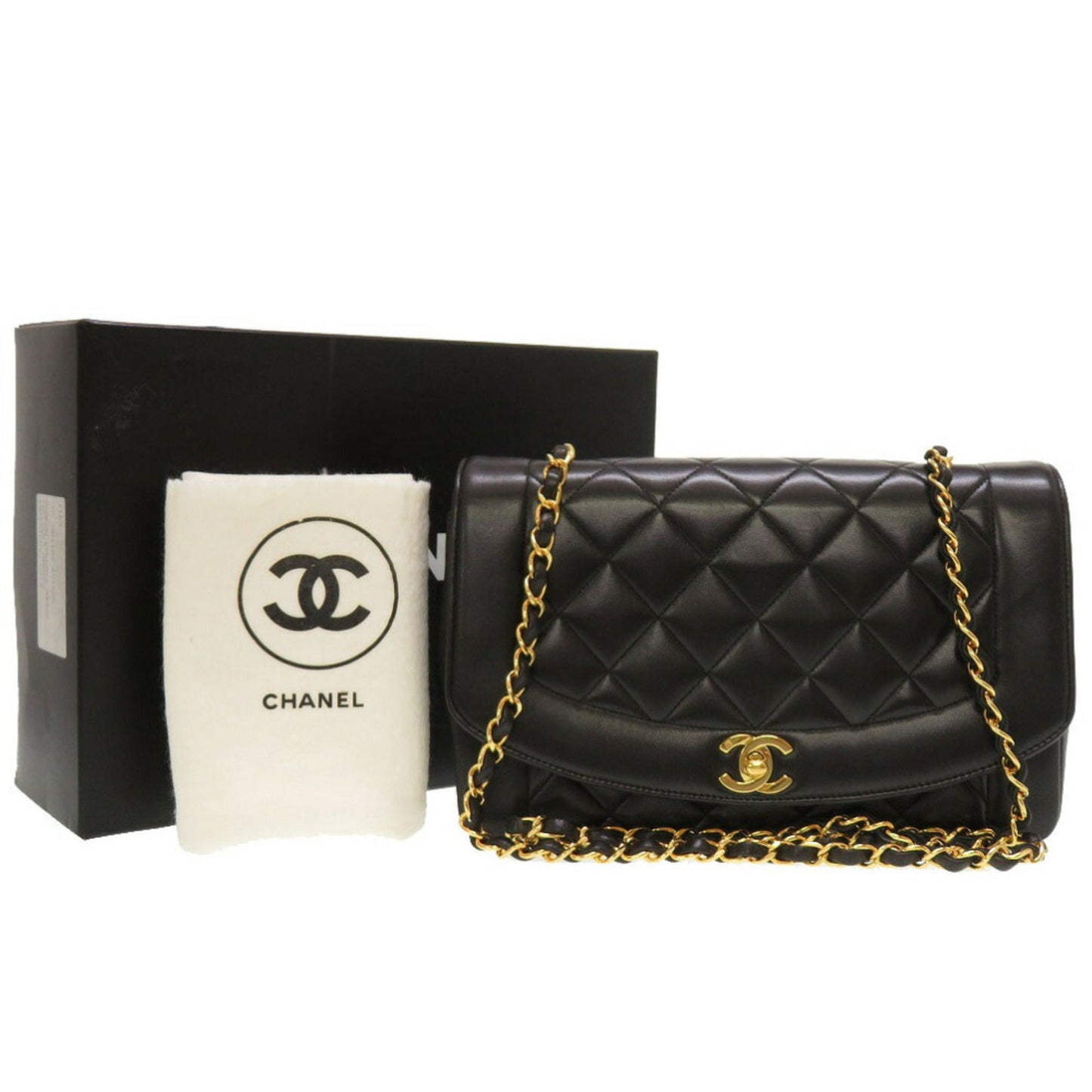 Luxury Chanel Diana 25 Matelasse No. 4 Lambskin Black Gold Chain Shoulder Bag Coco Mark
