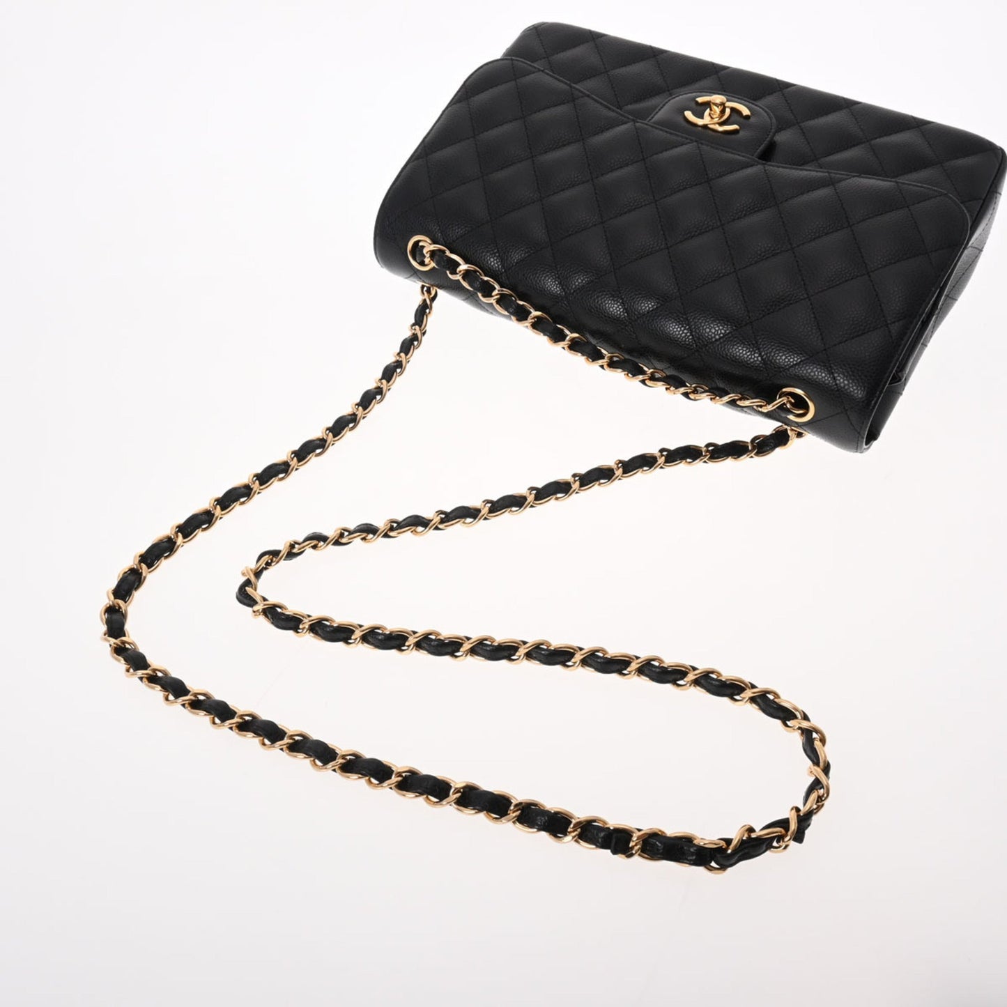 CHANEL matelasse chain shoulder W flap 30cm black ladies caviar skin bag