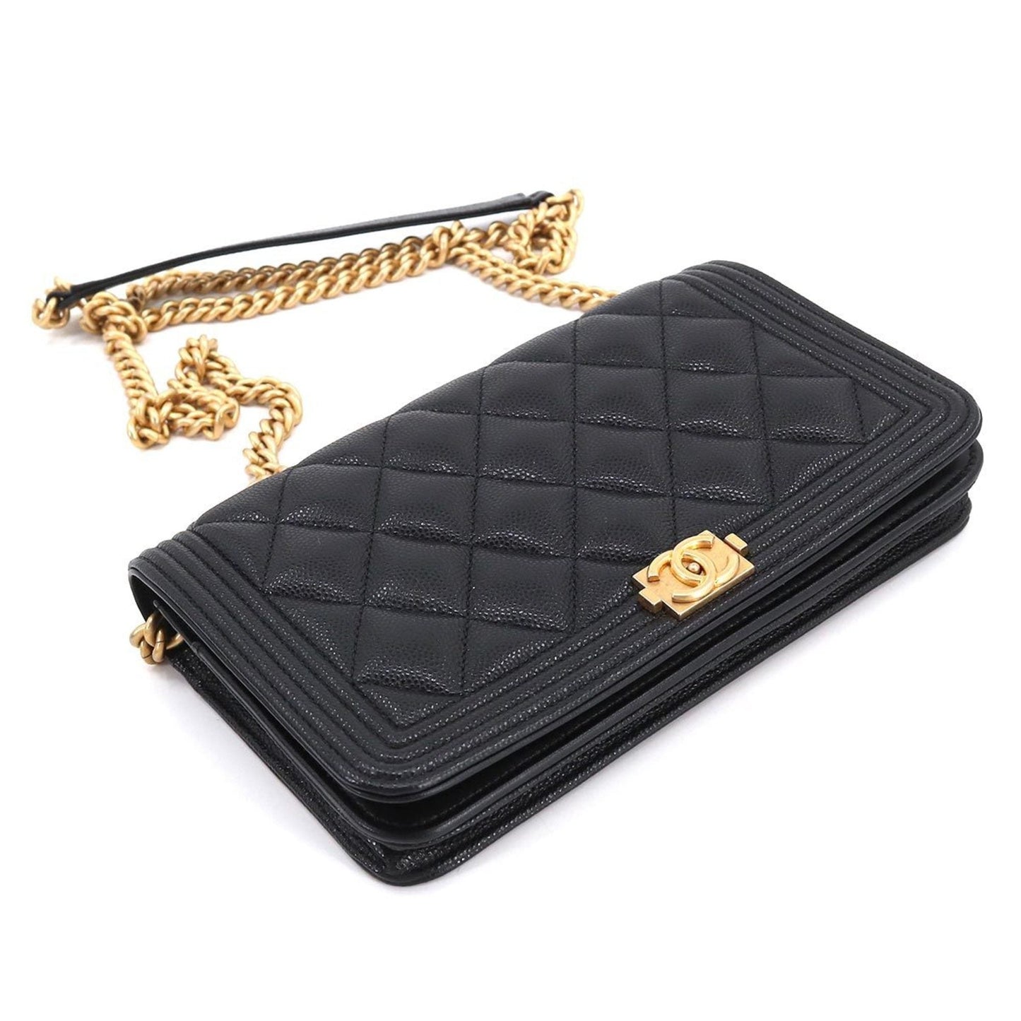 Luxury Chanel Boy  Chain Wallet Long Caviar Skin Black AP1117 Gold Hardware