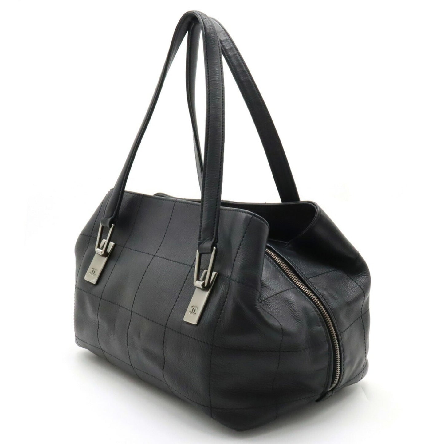 Luxury Chanel Chocolate Bar Coco Mark Boston Tote Bag Leather Black