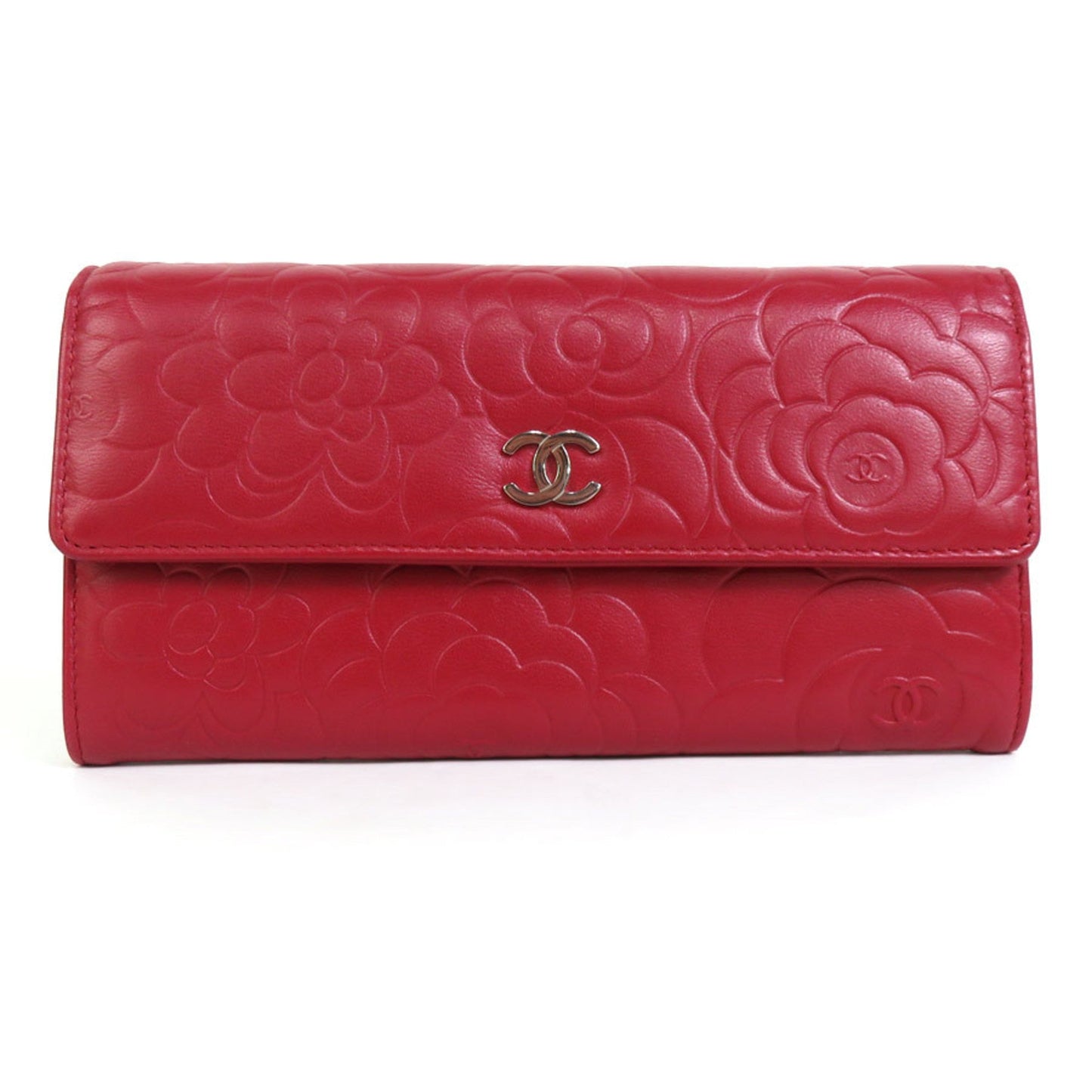 Luxury Chanel Long Wallet Camellia Coco Mark Embossed Leather Dark Red Silver Women's