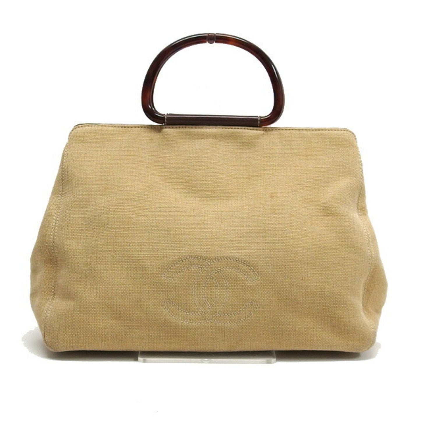 Luxury Chanel Tortoiseshell Handle Canvas Tote Coco Mark Beige