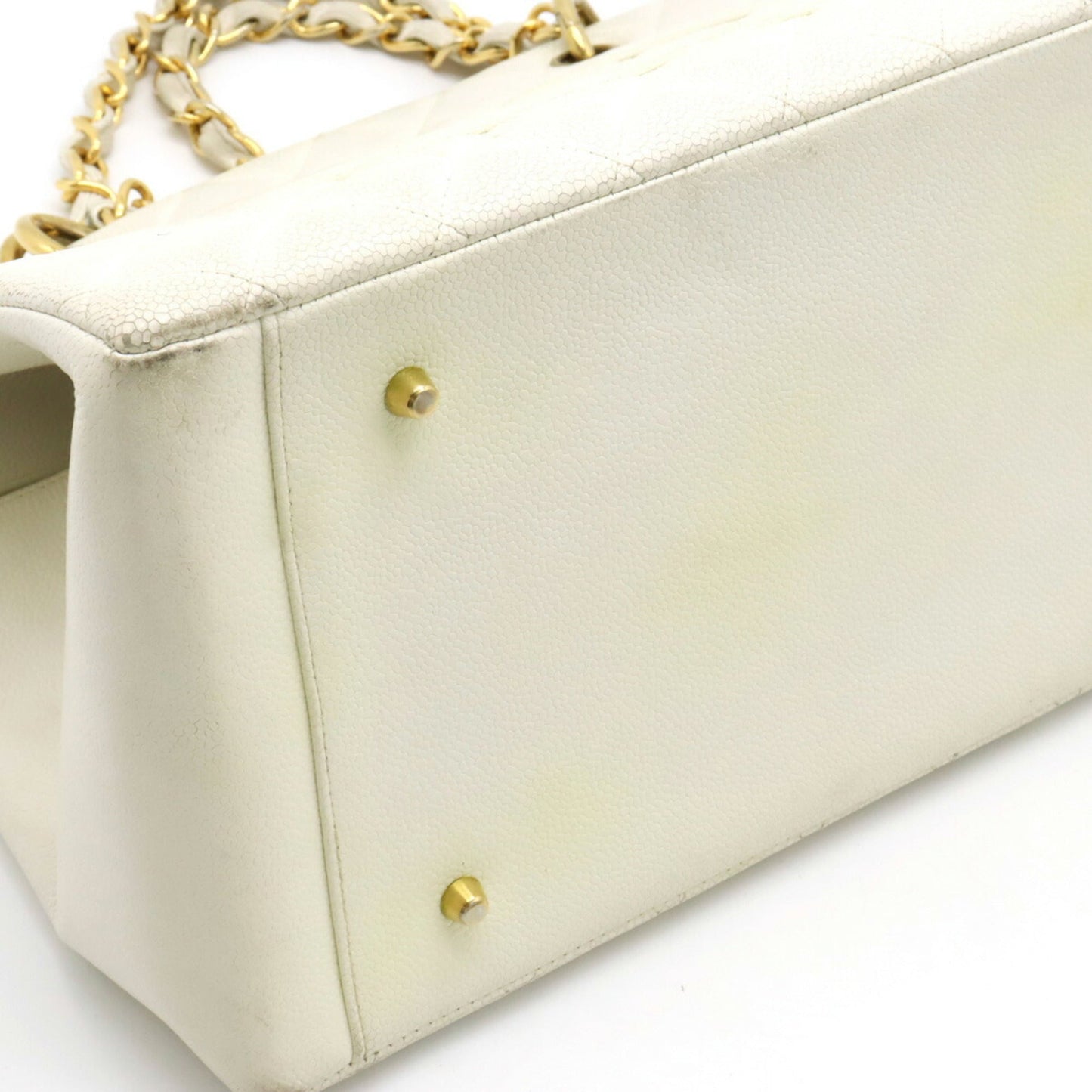 Luxury Chanel Matelasse Coco Mark Chain Bag Tote Handbag Caviar Skin Leather White