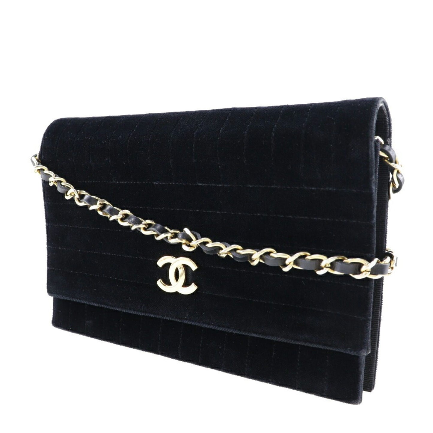 Luxury Chanel Chain Shoulder Bag Mademoiselle Coco Mark Velor Black/Gold Hardware Women's