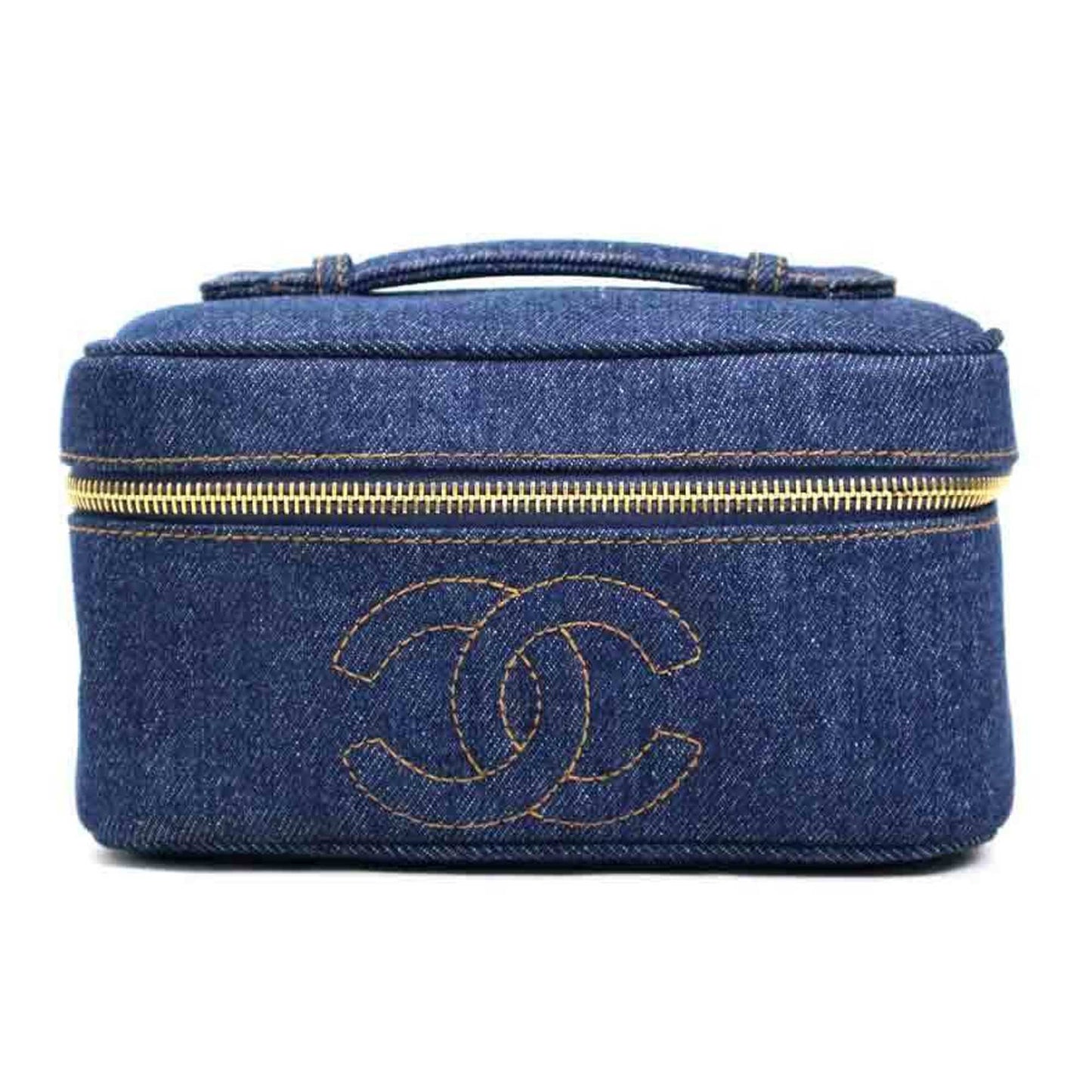Luxury Chanel Handbag Vanity Bag Coco Mark Denim Blue Gold Women's
