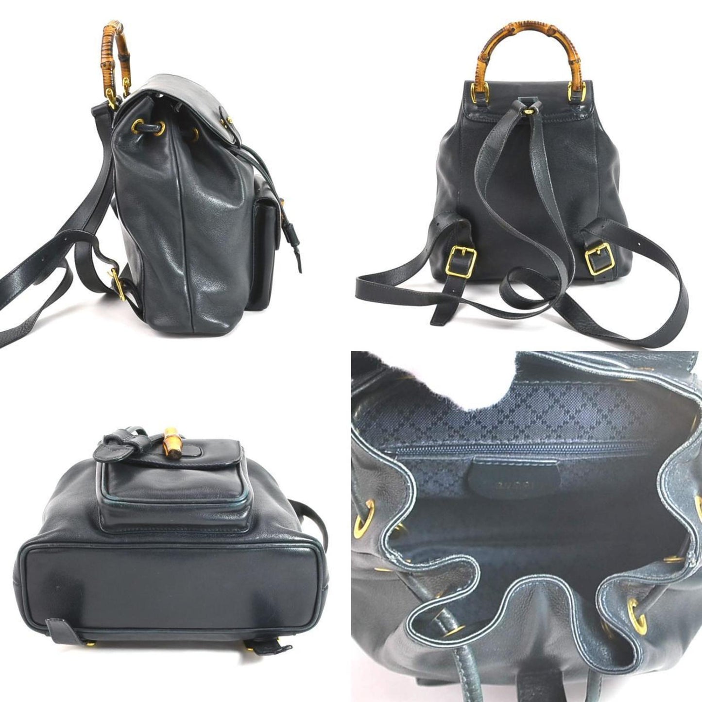 Luxury Gucci rucksack bamboo leather navy gold ladies e55760j