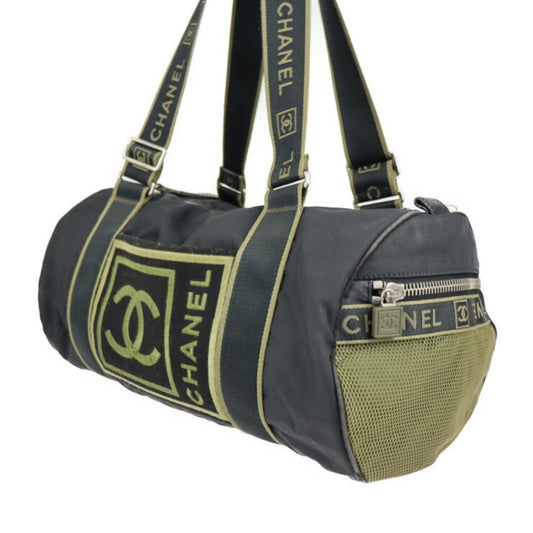Luxury Chanel Sport Line Boston Bag Nylon Canvas Black Khaki Green Shoulder Travel Cocomark 10 Series Round Cylindrical