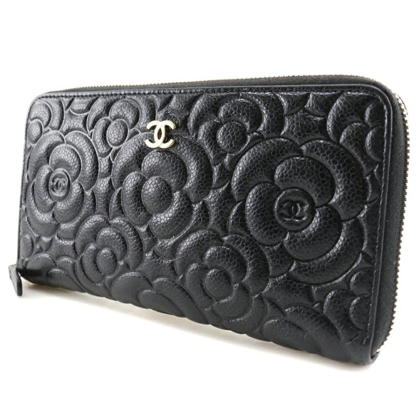 Luxury Chanel Camellia Emboss Cocomark A82281 Matte Caviar Skin Black Women's Long Wallet
