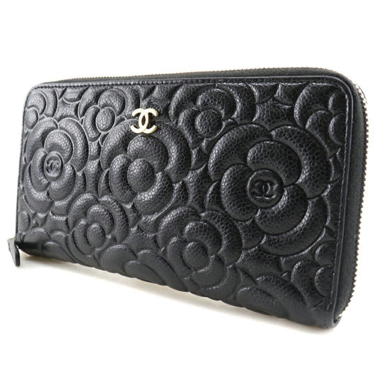 Luxury Chanel Camellia Emboss Cocomark A82281 Matte Caviar Skin Black Women's Long Wallet