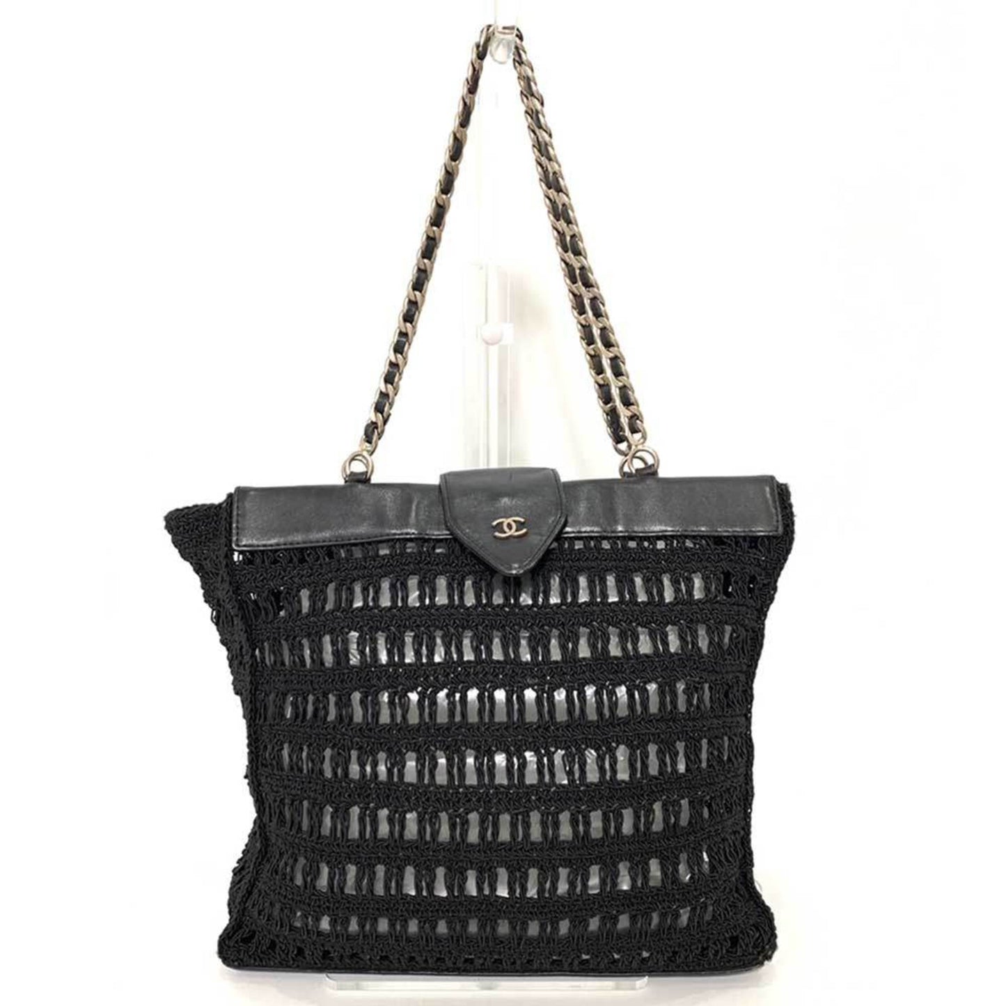 Luxury Chanel Bag Chain Tote Black Mesh Stitch Handbag Coco Mark Ladies Canvas x Leather