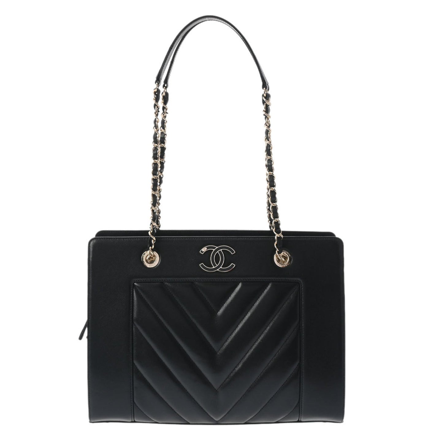 Luxury Chanel V Stitch Chain Tote Black Women's Leather Bag