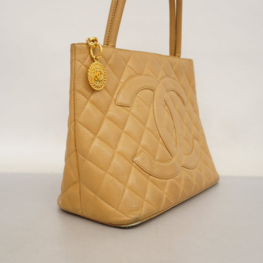 CHANELAuth  Reprint Tote Women's Caviar Leather Tote Bag Beige
