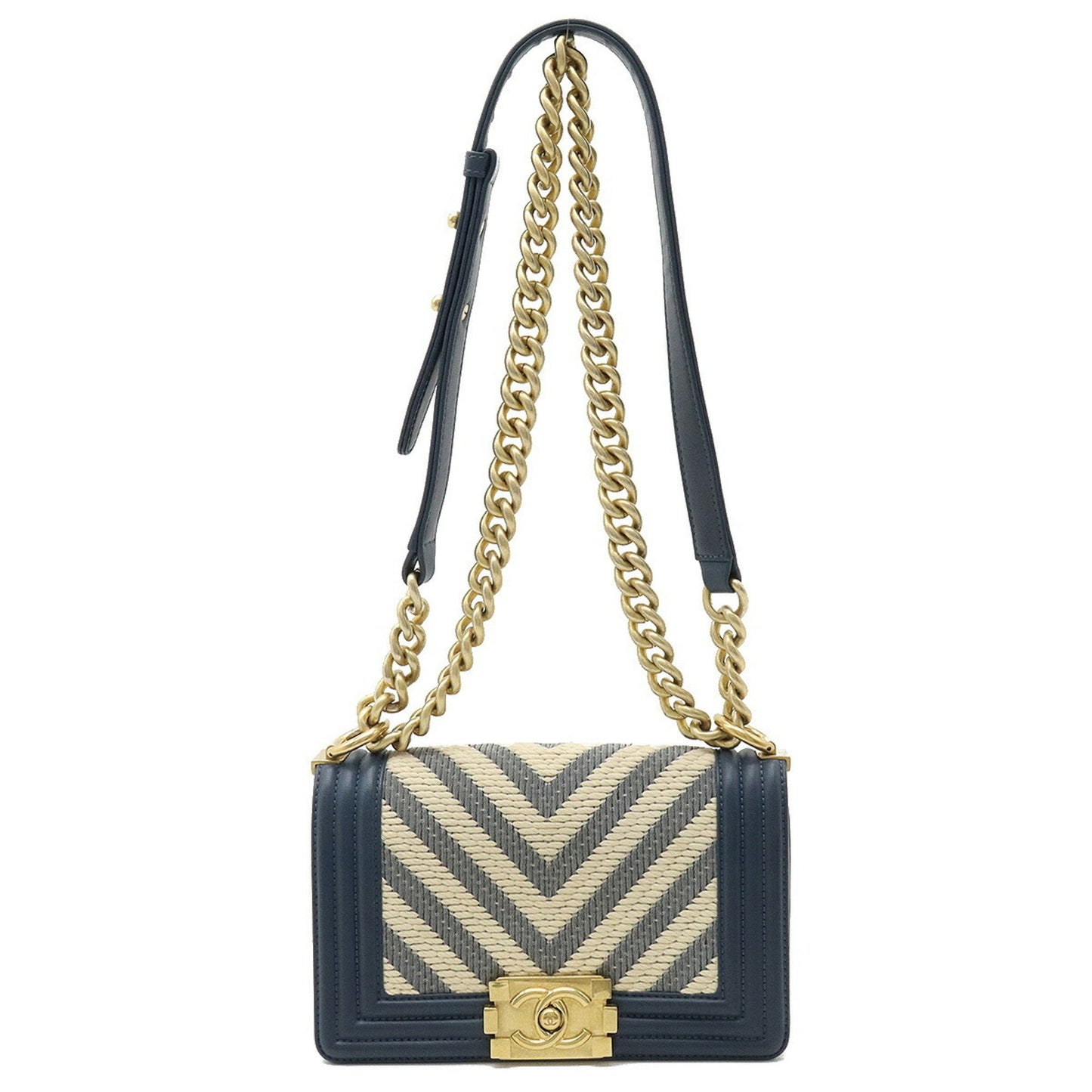 Luxury Chanel Boy V Stitch Chain Bag Shoulder Clutch Fabric Leather Navy Natural