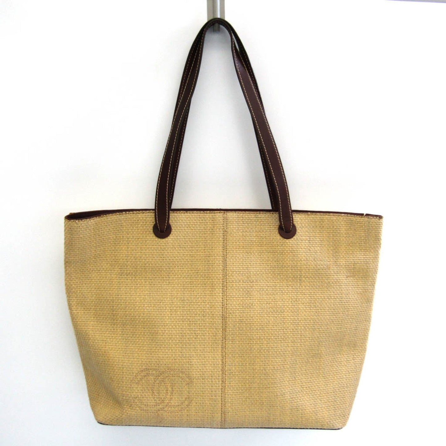 Luxury Chanel Coco Mark Women's Straw,Leather Tote Bag Beige,Dark Brown