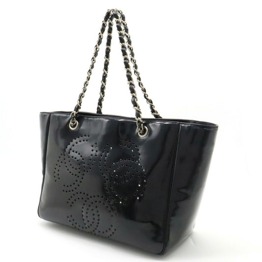 Luxury Chanel Coco Mark Triple Punching Chain Shoulder Bag Tote Enamel Black