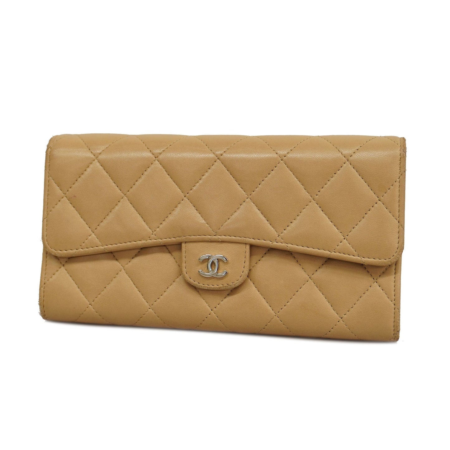 CHANEL  Matelasse Silver Metal Fittings Women's Lambskin Wallet Beige