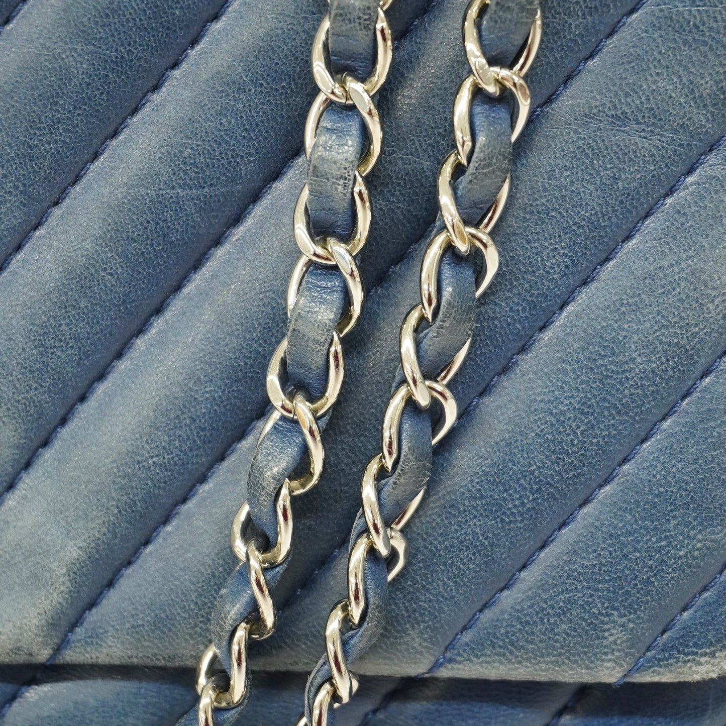 CHANEL  V Stitch W Flap W Chain Women's Leather Shoulder Bag Blue