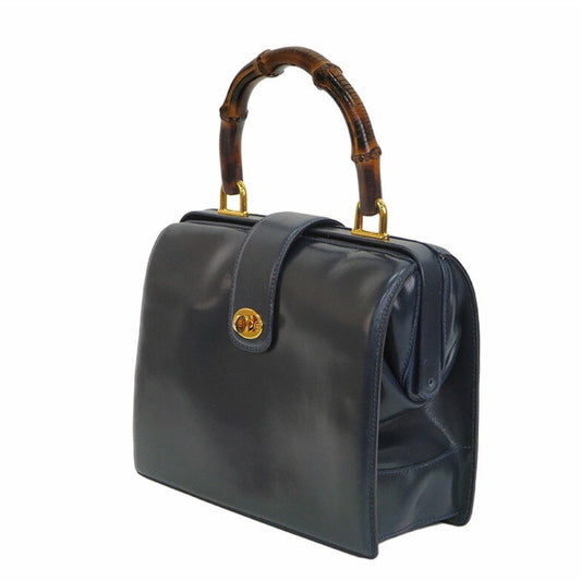Luxury Gucci Old Bamboo Handbag Gold Crest Navy Leather Women's