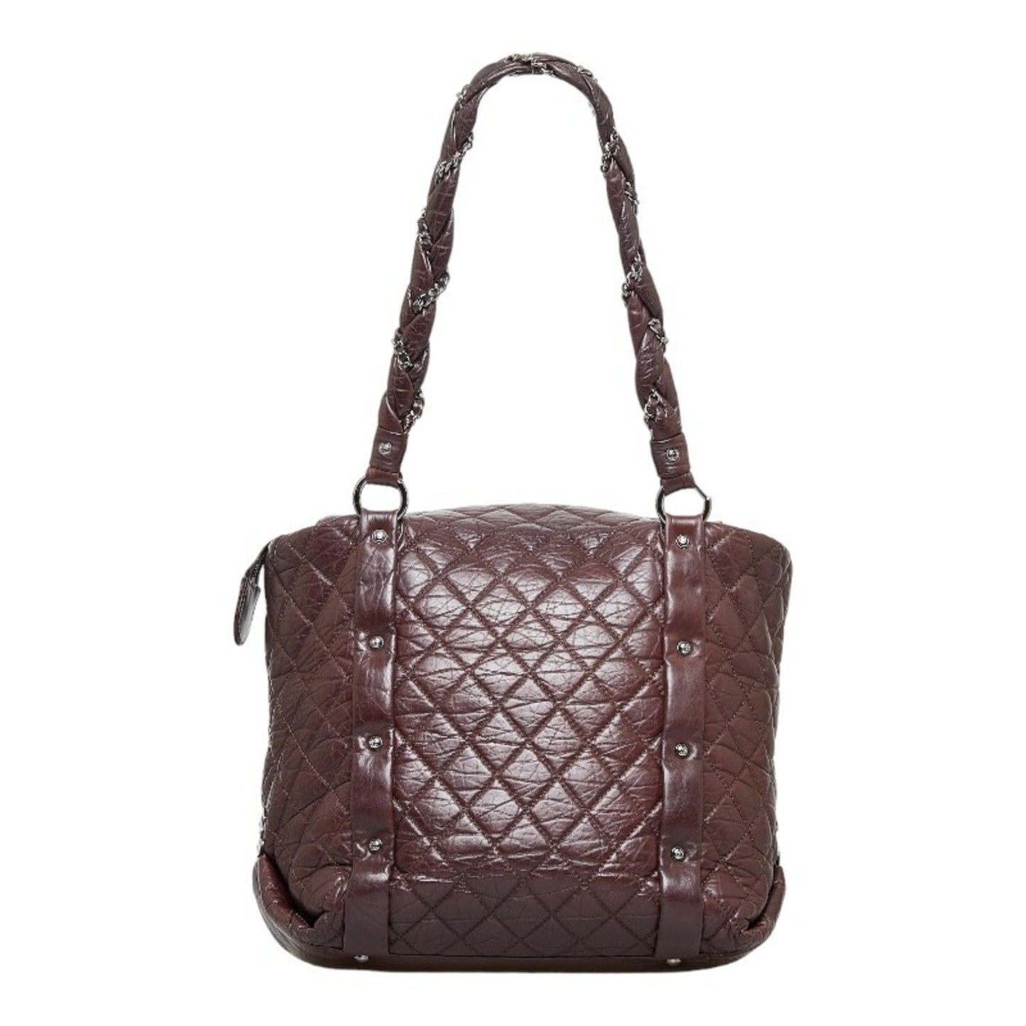 Luxury Chanel Cocomark Luxury Line Chain Shoulder Bag Tote Brown Silver Leather Ladies