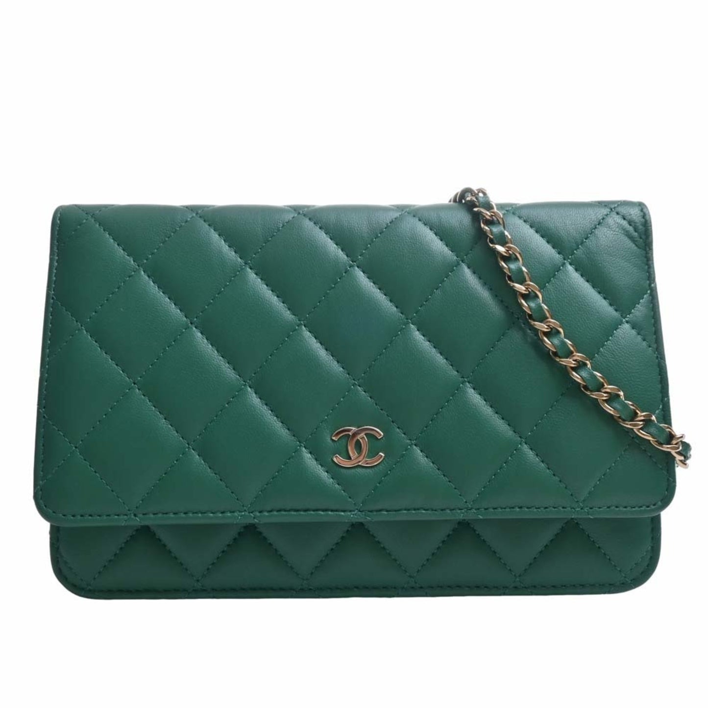 Luxury Chanel Lambskin Matelasse Coco Mark Chain Shoulder Long Wallet Green Ladies